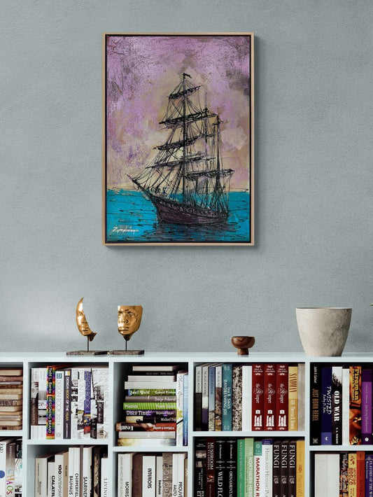 Parlak Deniz ve Gemi Yağlı Boya Tablosu