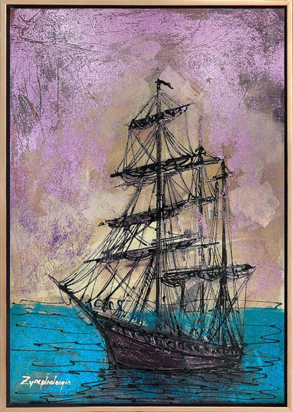 Parlak Deniz ve Gemi Yağlı Boya Tablosu