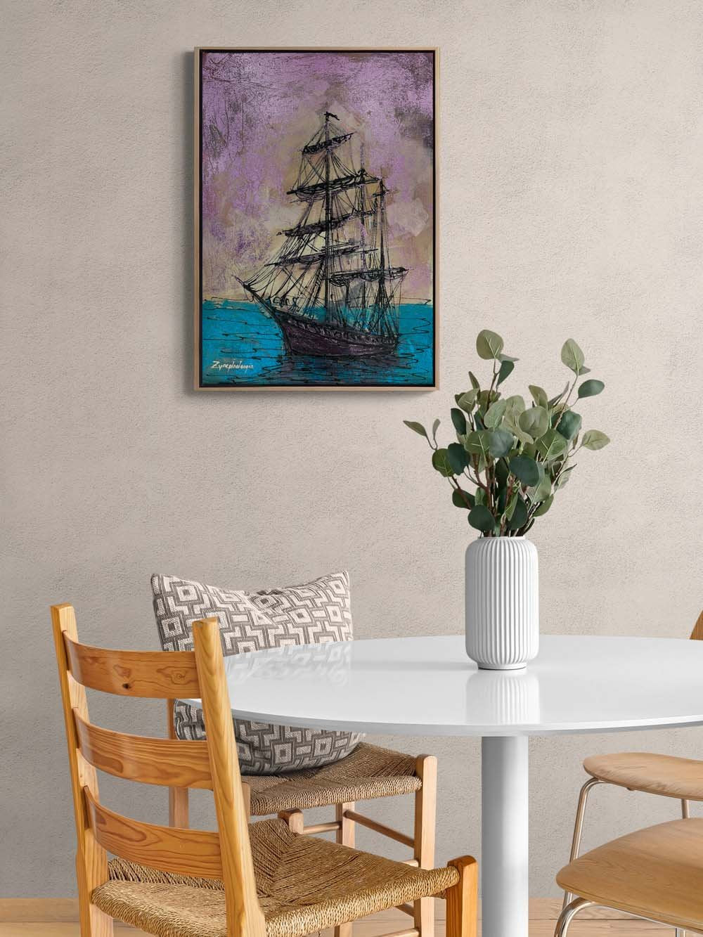 Parlak Deniz ve Gemi Yağlı Boya Tablosu