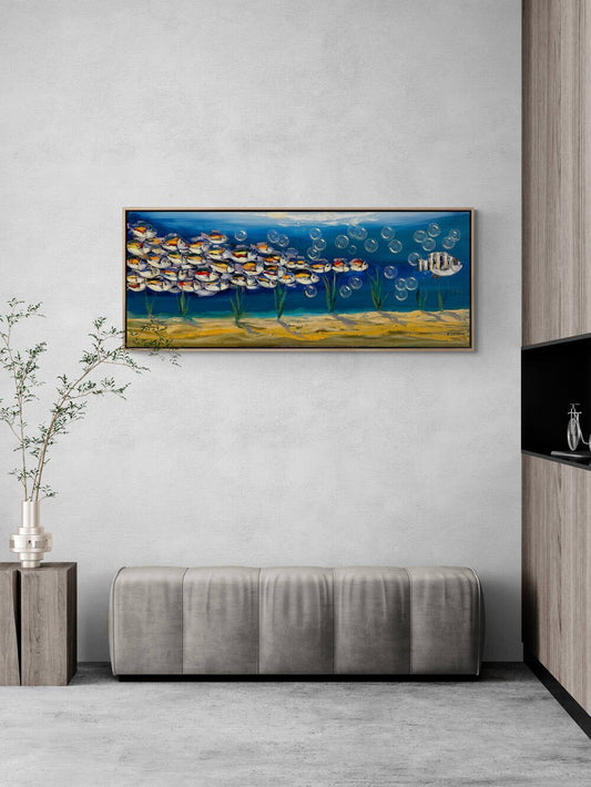Mavi Derinliklerde Yüzen Balıklar Yağlı Boya Tablosu