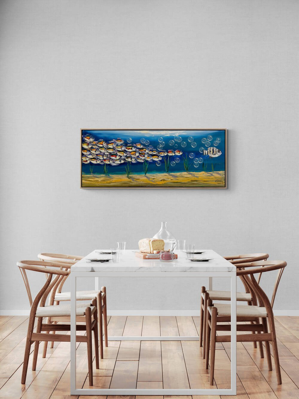 Mavi Derinliklerde Yüzen Balıklar Yağlı Boya Tablosu