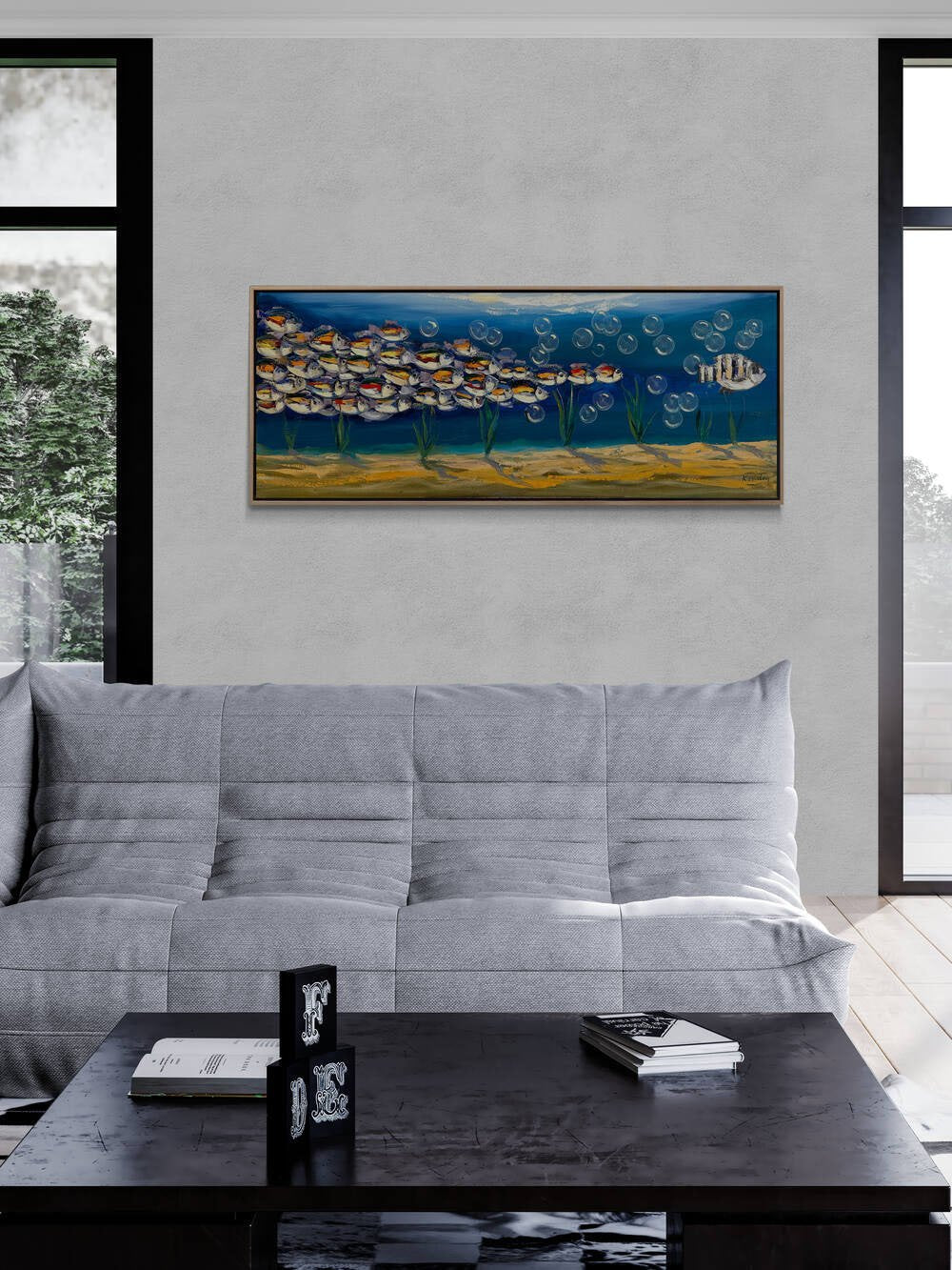 Mavi Derinliklerde Yüzen Balıklar Yağlı Boya Tablosu