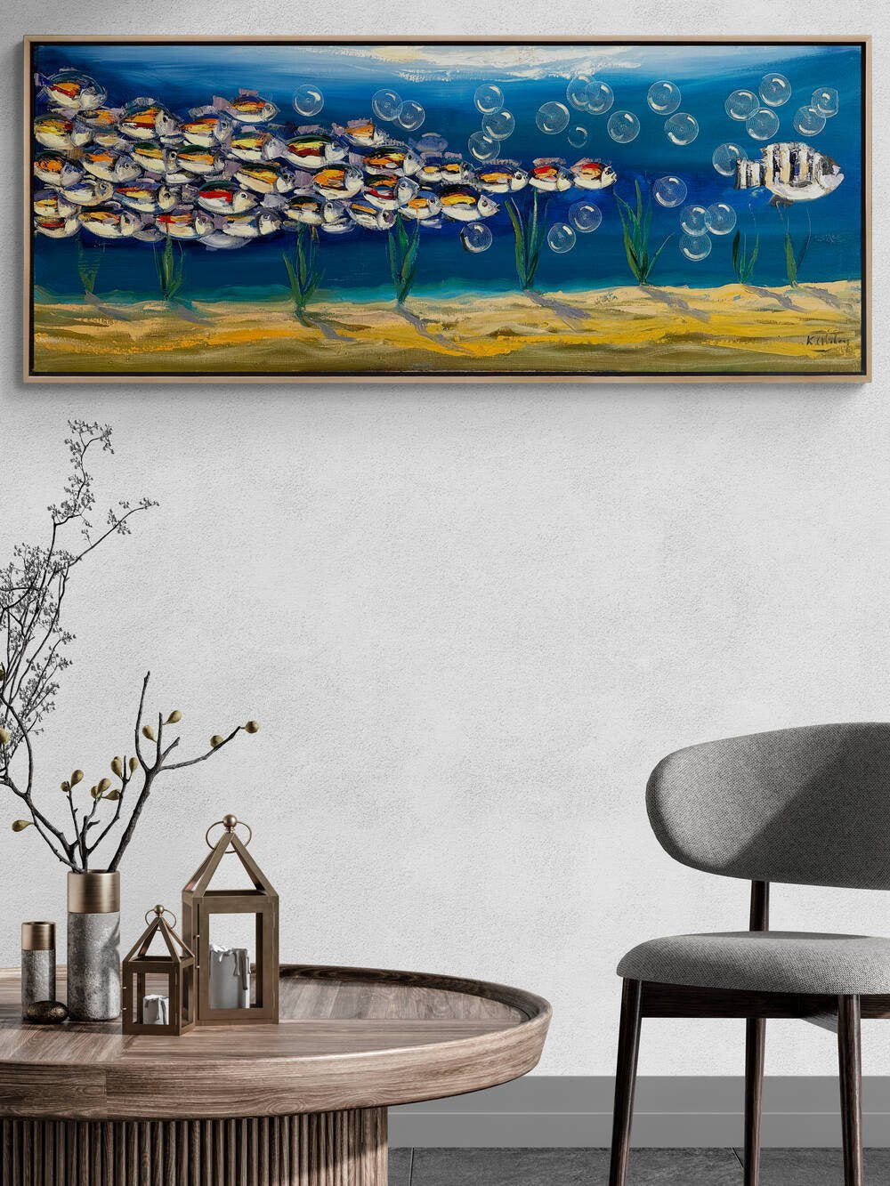 Mavi Derinliklerde Yüzen Balıklar Yağlı Boya Tablosu