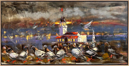 Kız Kulesi'nin Kanatlı Misafirleri Yağlı Boya Tablosu