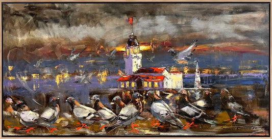 Kız Kulesi'nin Kanatlı Misafirleri Yağlı Boya Tablosu