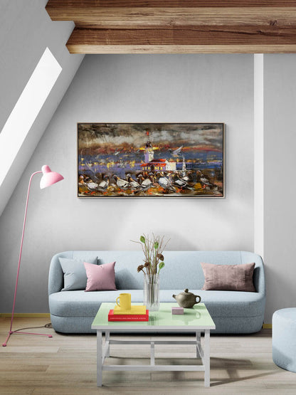 Kız Kulesi'nin Kanatlı Misafirleri Yağlı Boya Tablosu