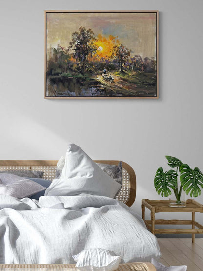 Gün Batımında Köy Yolu Yağlı Boya Tablosu