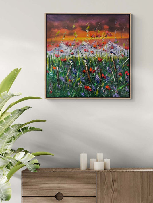 Kırmızı Bahçede Kuşlar Yağlı Boya Tablosu