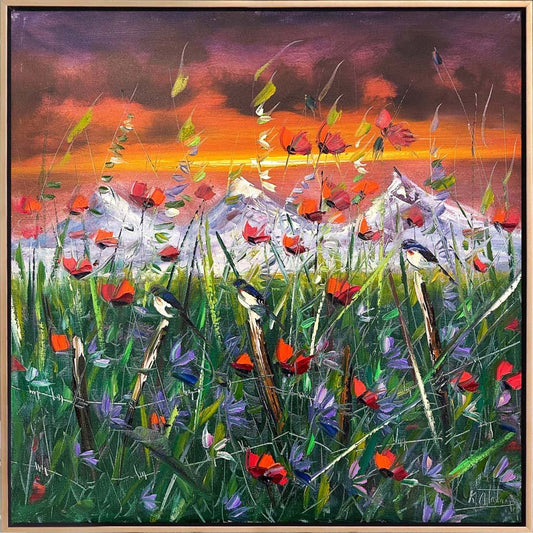 Kırmızı Bahçede Kuşlar Yağlı Boya Tablosu