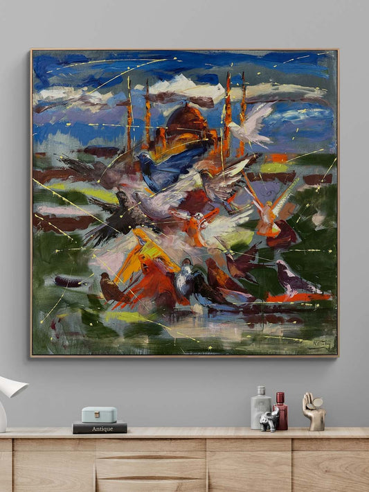 Camiye Doğru Kanatlar Yağlı Boya Tablosu