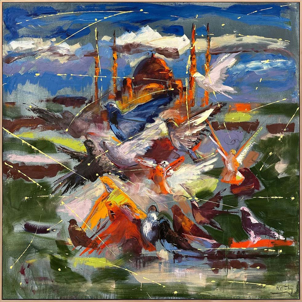 Camiye Doğru Kanatlar Yağlı Boya Tablosu