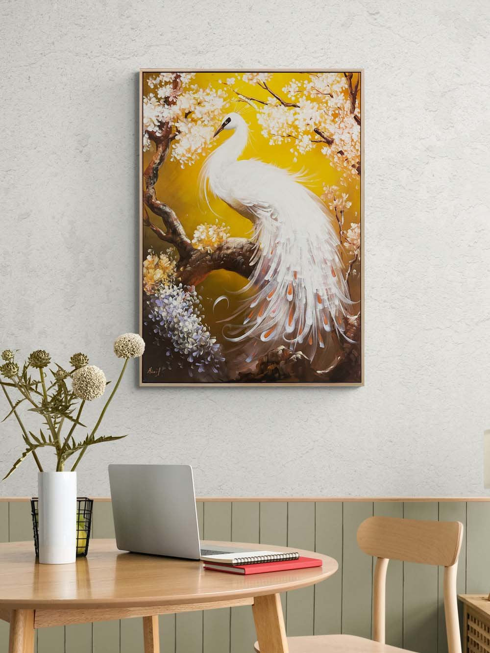 Beyaz Tavus Kuşu Yağlı Boya Tablosu