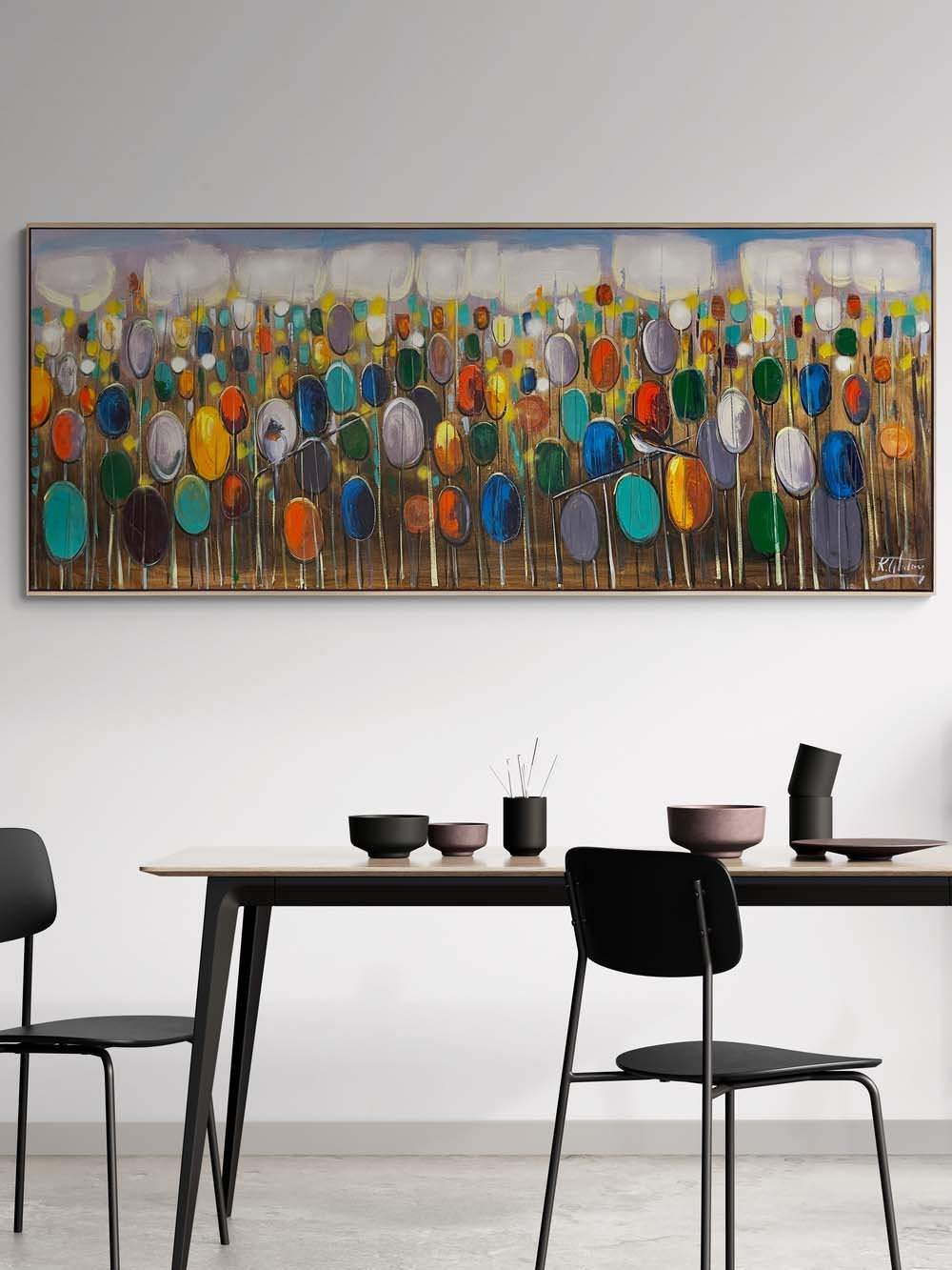 Renkli Sazlıkta Kuşlar Yağlı Boya Tablosu