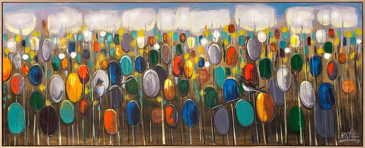 Renkli Sazlıkta Kuşlar Yağlı Boya Tablosu