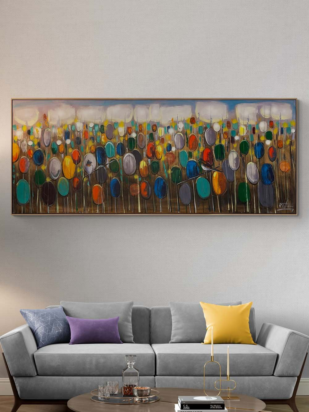 Renkli Sazlıkta Kuşlar Yağlı Boya Tablosu