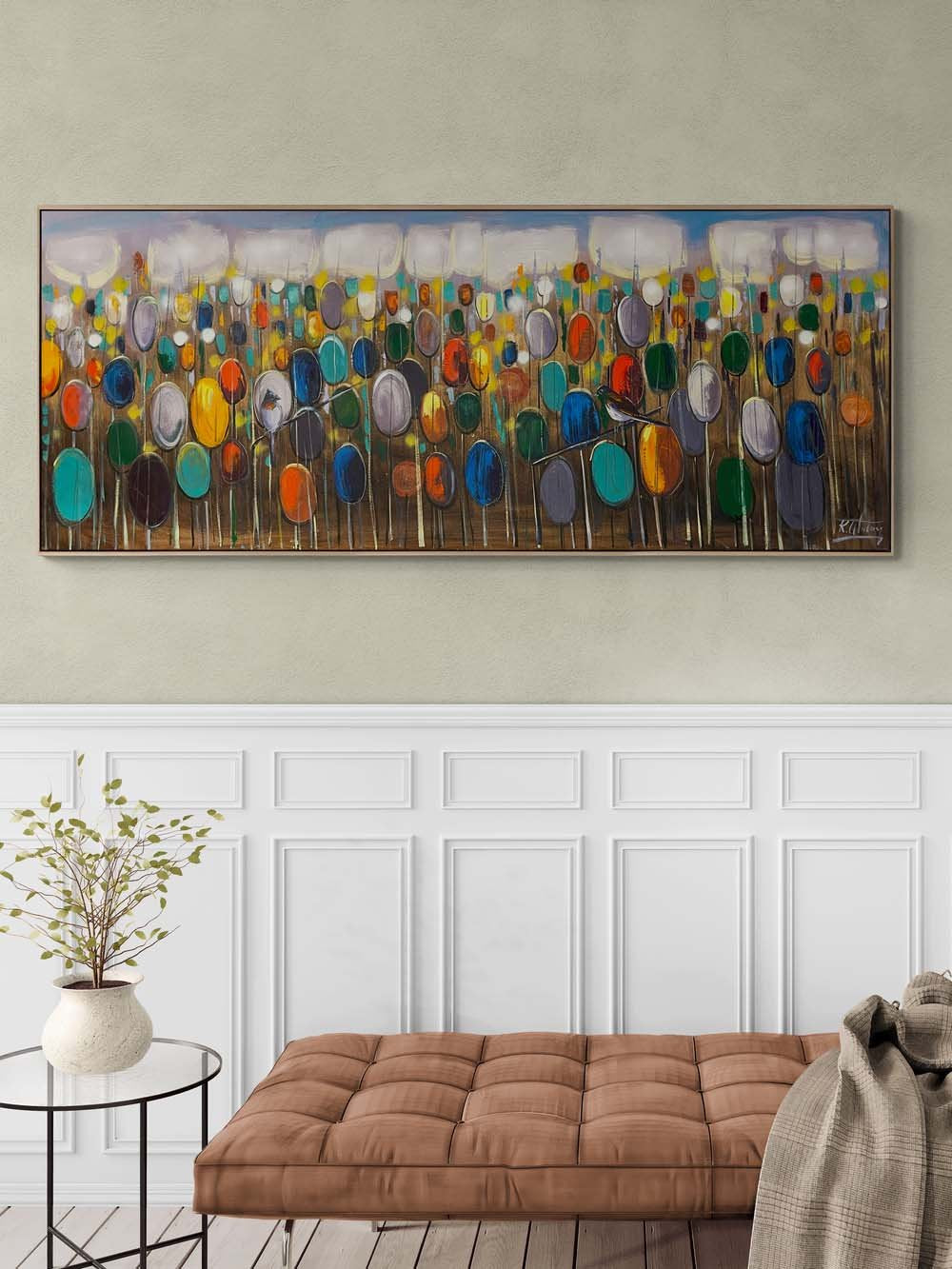 Renkli Sazlıkta Kuşlar Yağlı Boya Tablosu