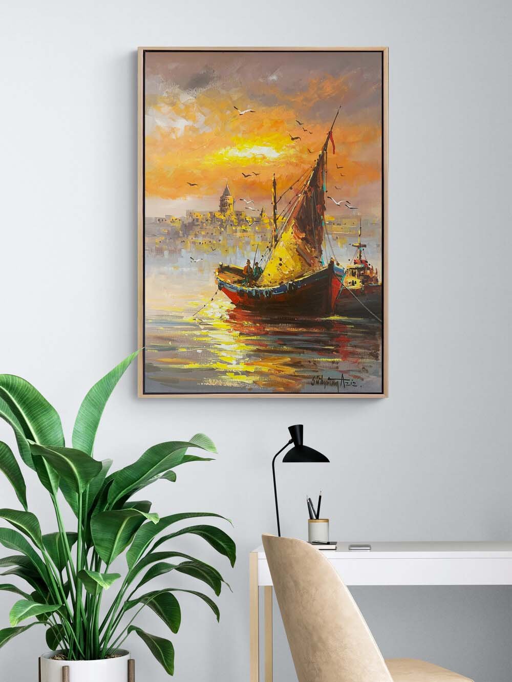 Boğazda Kayıklar Yağlı Boya Tablosu