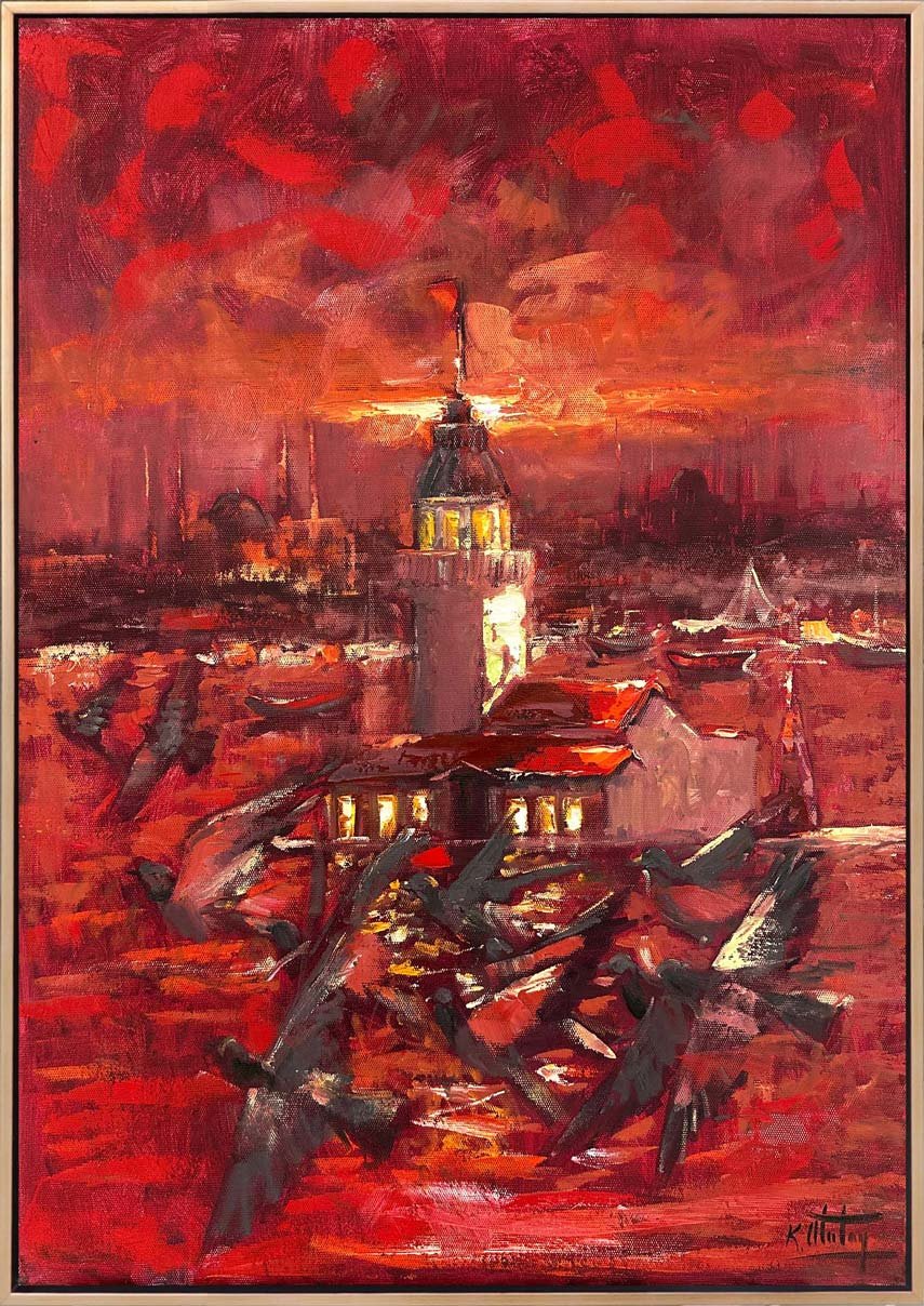 Kızıl Günbatımı Yağlı Boya Tablosu