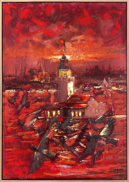 Kızıl Günbatımı Yağlı Boya Tablosu