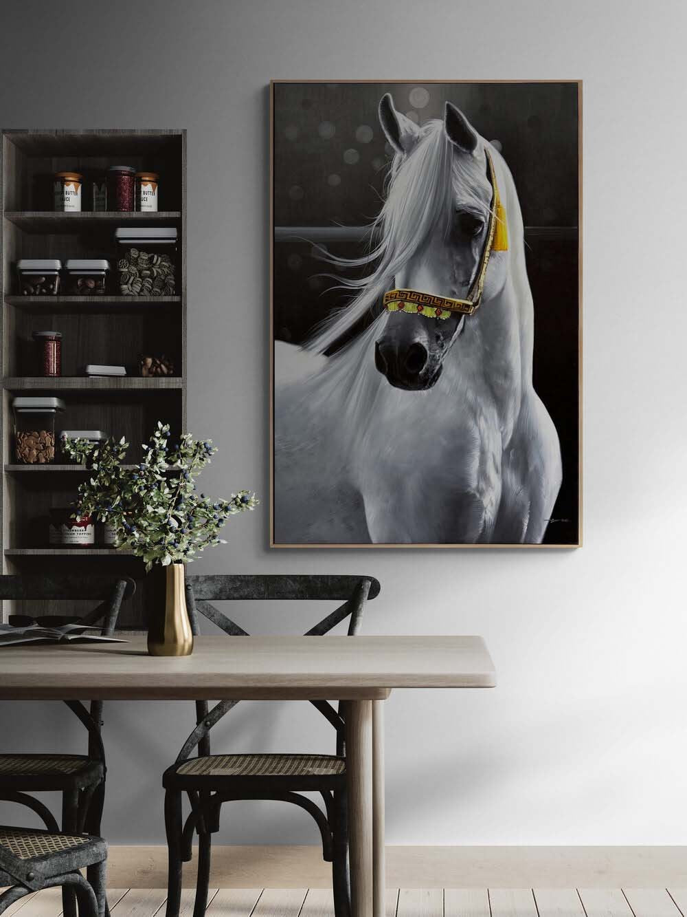 Beyaz Atın Asaleti Yağlı Boya Tablosu