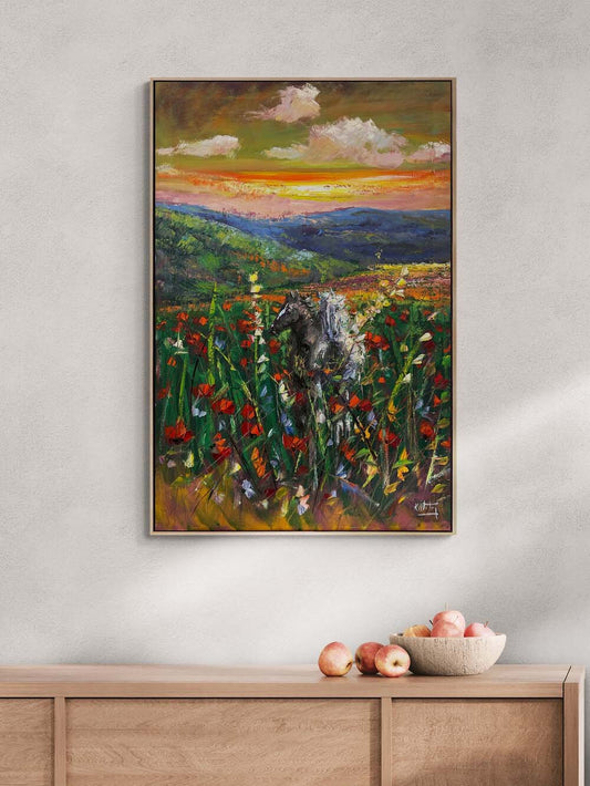 Kır Çiçekleri Arasında Atlar Yağlı Boya Tablosu