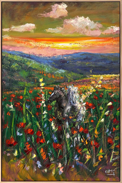 Kır Çiçekleri Arasında Atlar Yağlı Boya Tablosu