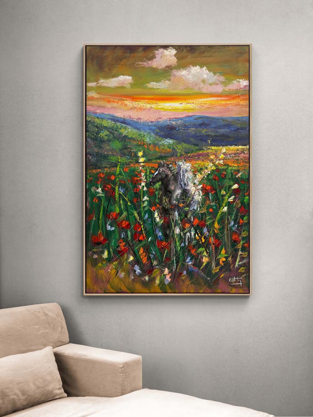 Kır Çiçekleri Arasında Atlar Yağlı Boya Tablosu