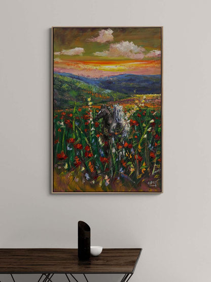 Kır Çiçekleri Arasında Atlar Yağlı Boya Tablosu