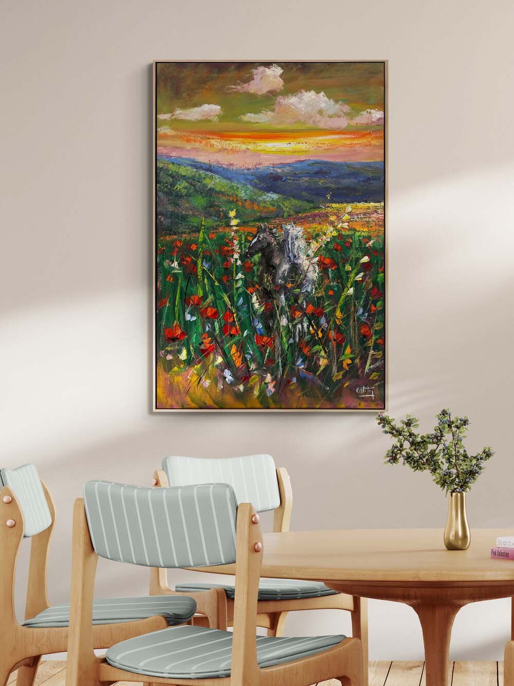 Kır Çiçekleri Arasında Atlar Yağlı Boya Tablosu