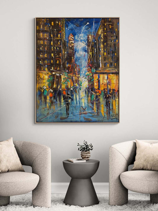 Şehir Gece Işıltısı Yağlı Boya Tablosu