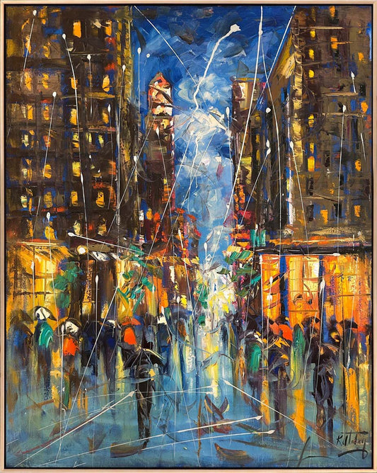 Şehir Gece Işıltısı Yağlı Boya Tablosu