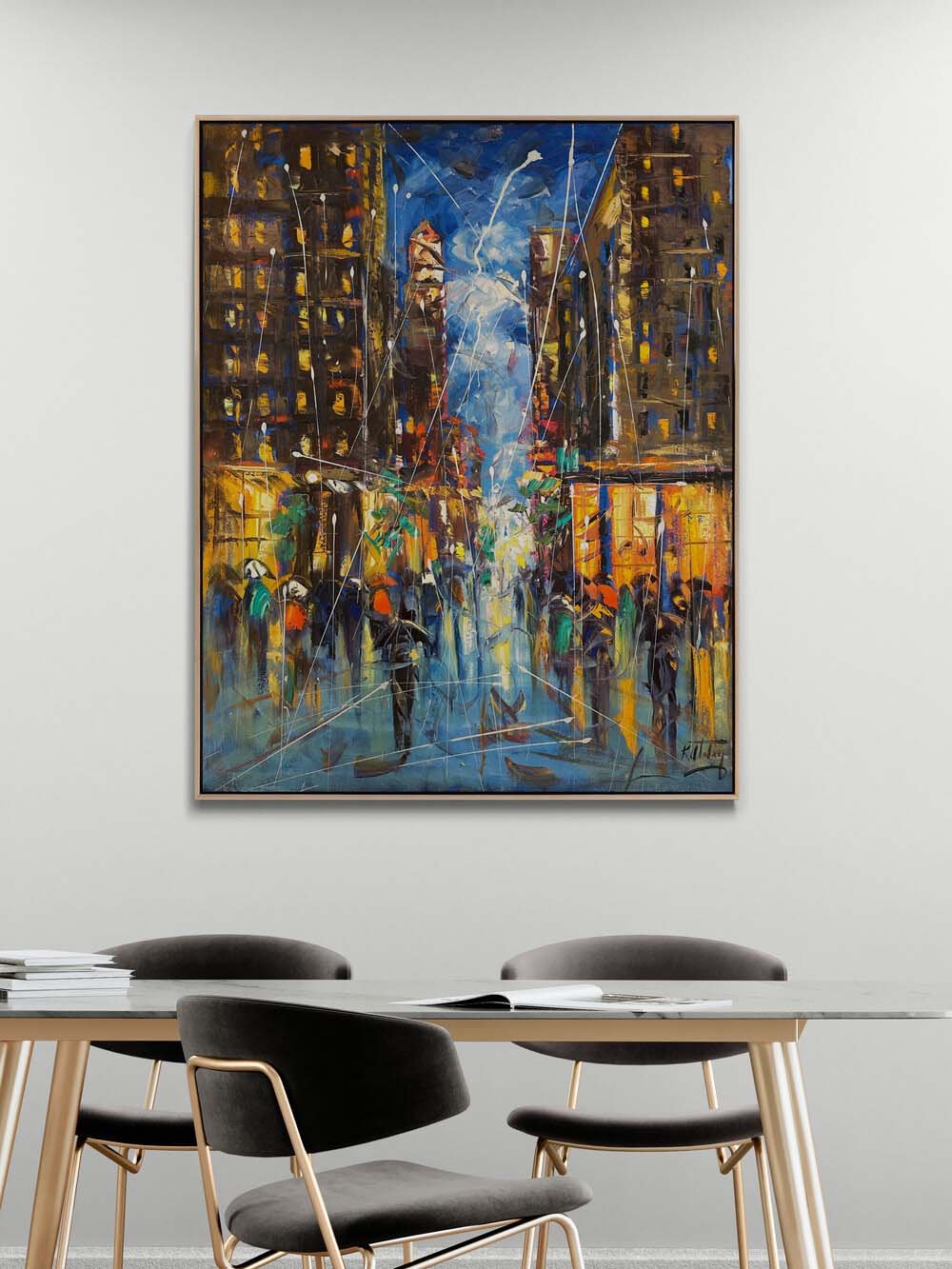 Şehir Gece Işıltısı Yağlı Boya Tablosu