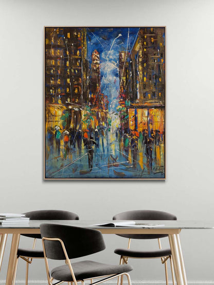 Şehir Gece Işıltısı Yağlı Boya Tablosu