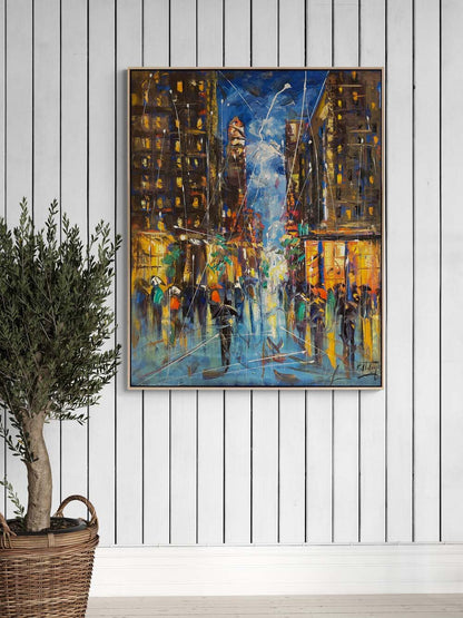 Şehir Gece Işıltısı Yağlı Boya Tablosu