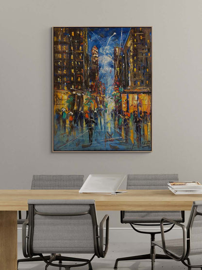 Şehir Gece Işıltısı Yağlı Boya Tablosu