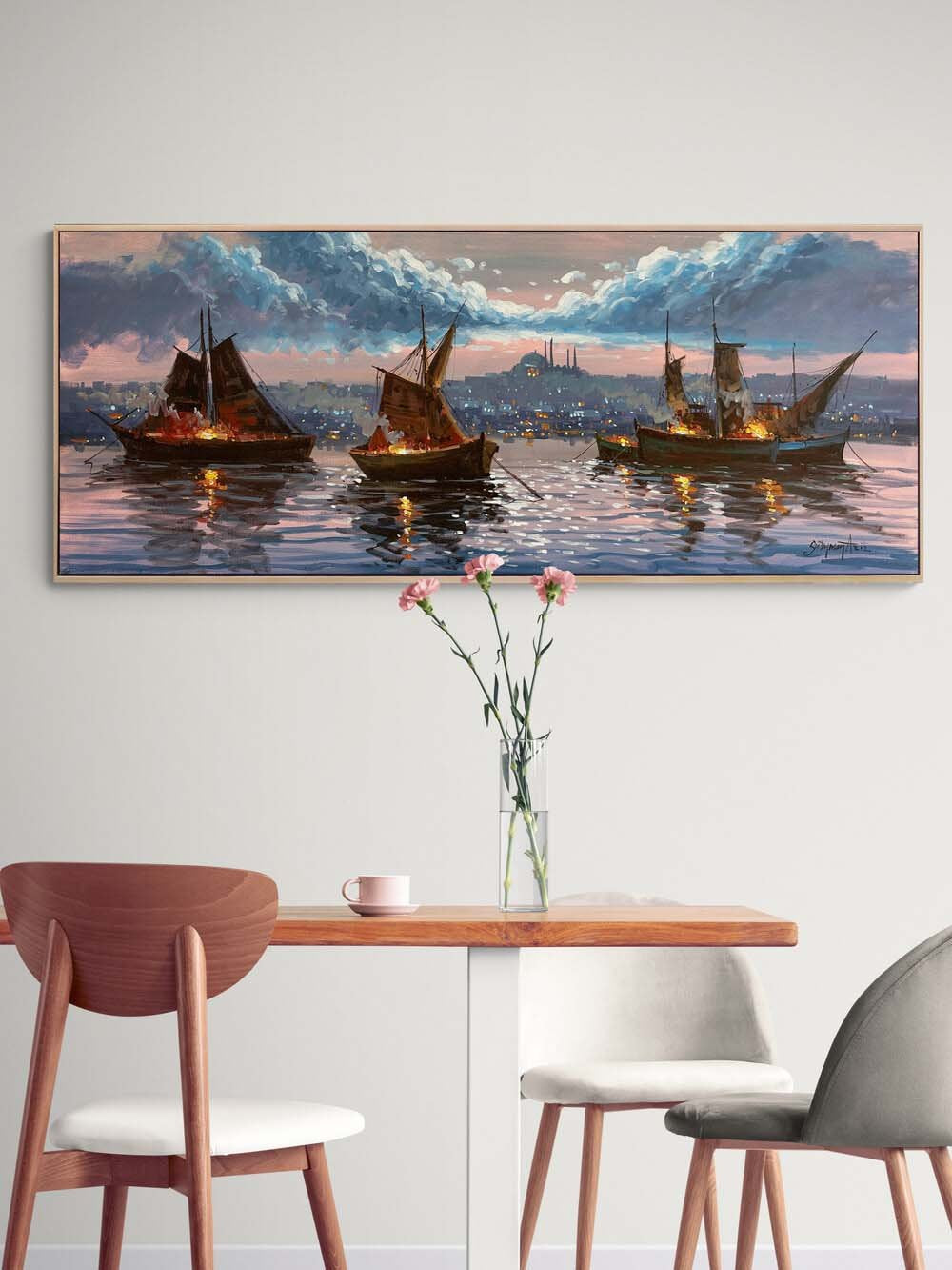 İstanbul Boğazı Gece Işıltısı Yağlı Boya Tablosu