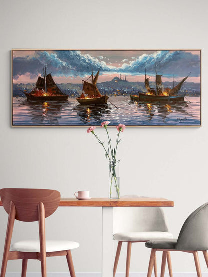 İstanbul Boğazı Gece Işıltısı Yağlı Boya Tablosu