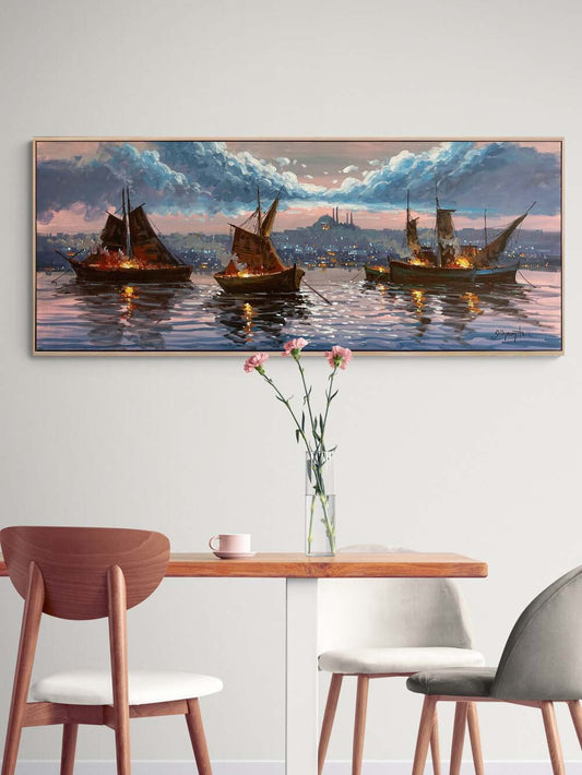 İstanbul Boğazı Gece Işıltısı Yağlı Boya Tablosu