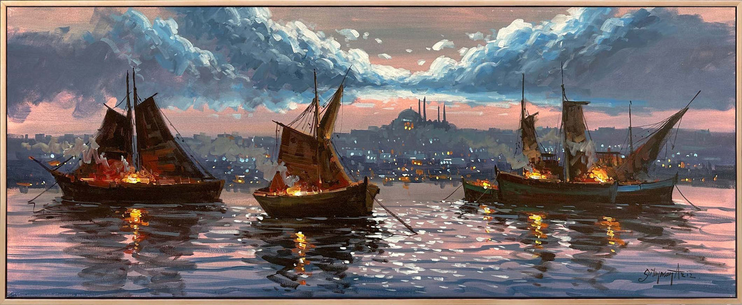 İstanbul Boğazı Gece Işıltısı Yağlı Boya Tablosu