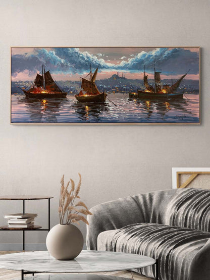 İstanbul Boğazı Gece Işıltısı Yağlı Boya Tablosu