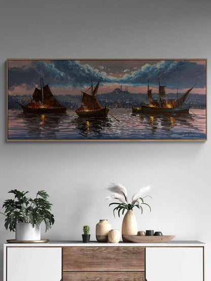 İstanbul Boğazı Gece Işıltısı Yağlı Boya Tablosu