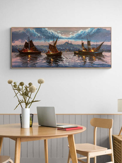 İstanbul Boğazı Gece Işıltısı Yağlı Boya Tablosu