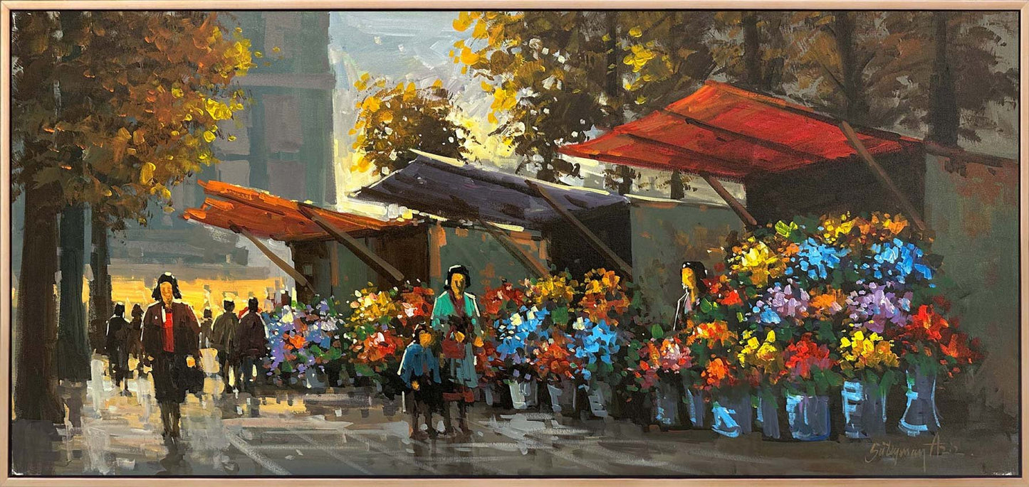 Çiçek Pazarında Bir Gün Yağlı Boya Tablosu