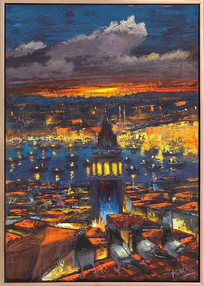 Gecenin Işığında Galata Yağlı Boya Tablosu Simurg Sanatevi
