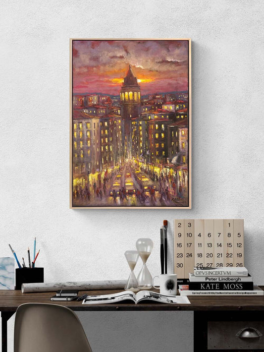 Galata Akşam Sokakları Yağlı Boya Tablosu