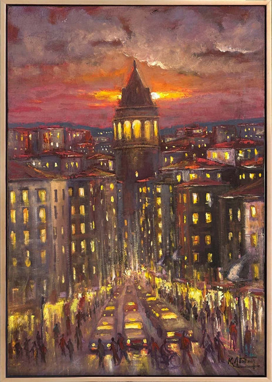 Galata Akşam Sokakları Yağlı Boya Tablosu