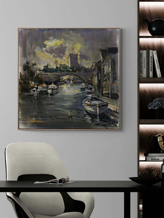 Köprü Altında Günbatımı Yağlı Boya Tablosu