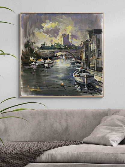 Köprü Altında Günbatımı Yağlı Boya Tablosu