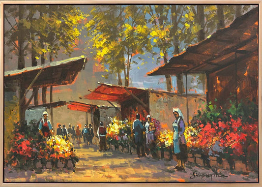 Çiçek Pazarında Gün Yağlı Boya Tablosu