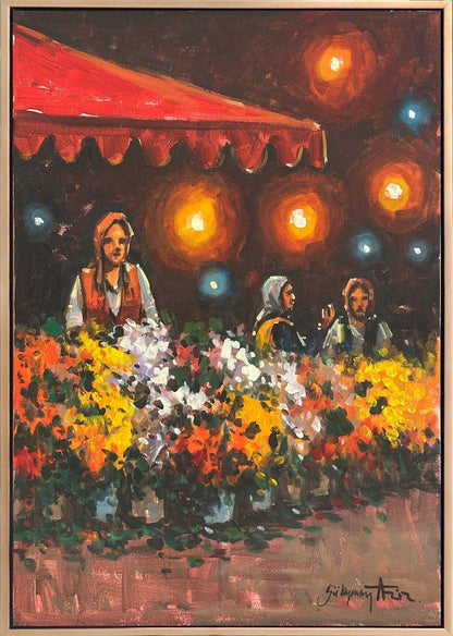 Sokak Lambası ve Çiçekler Yağlı Boya Tablosu